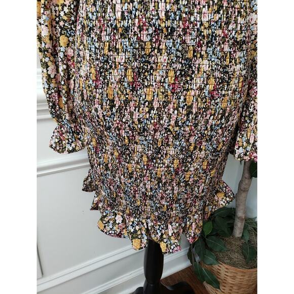 SHEIN Babydoll Dress Womens Large Multi Floral Flare Hem Smocked Deep V Neck - Picture 9 of 13